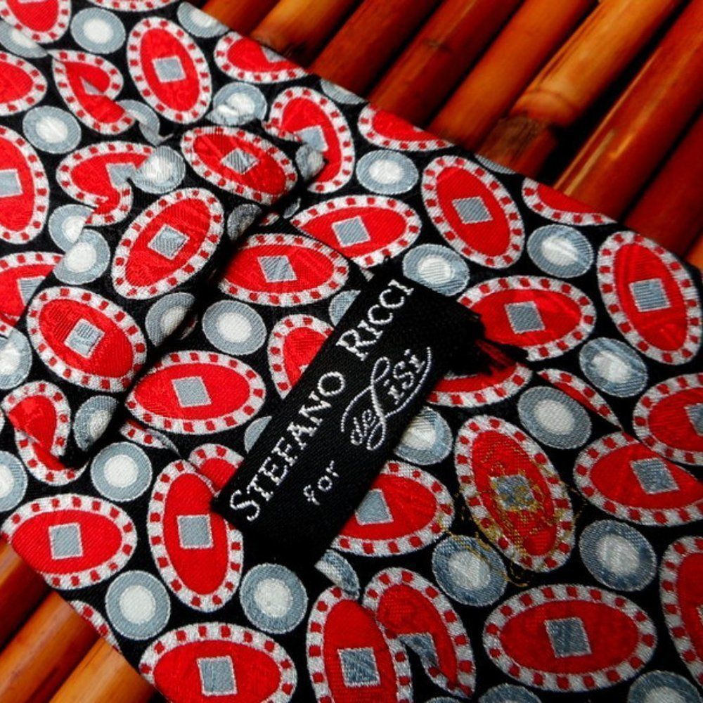 EUC STEFANO RICCI for DeLISI Red, Black & White Geometric Oval 100% Silk Tie